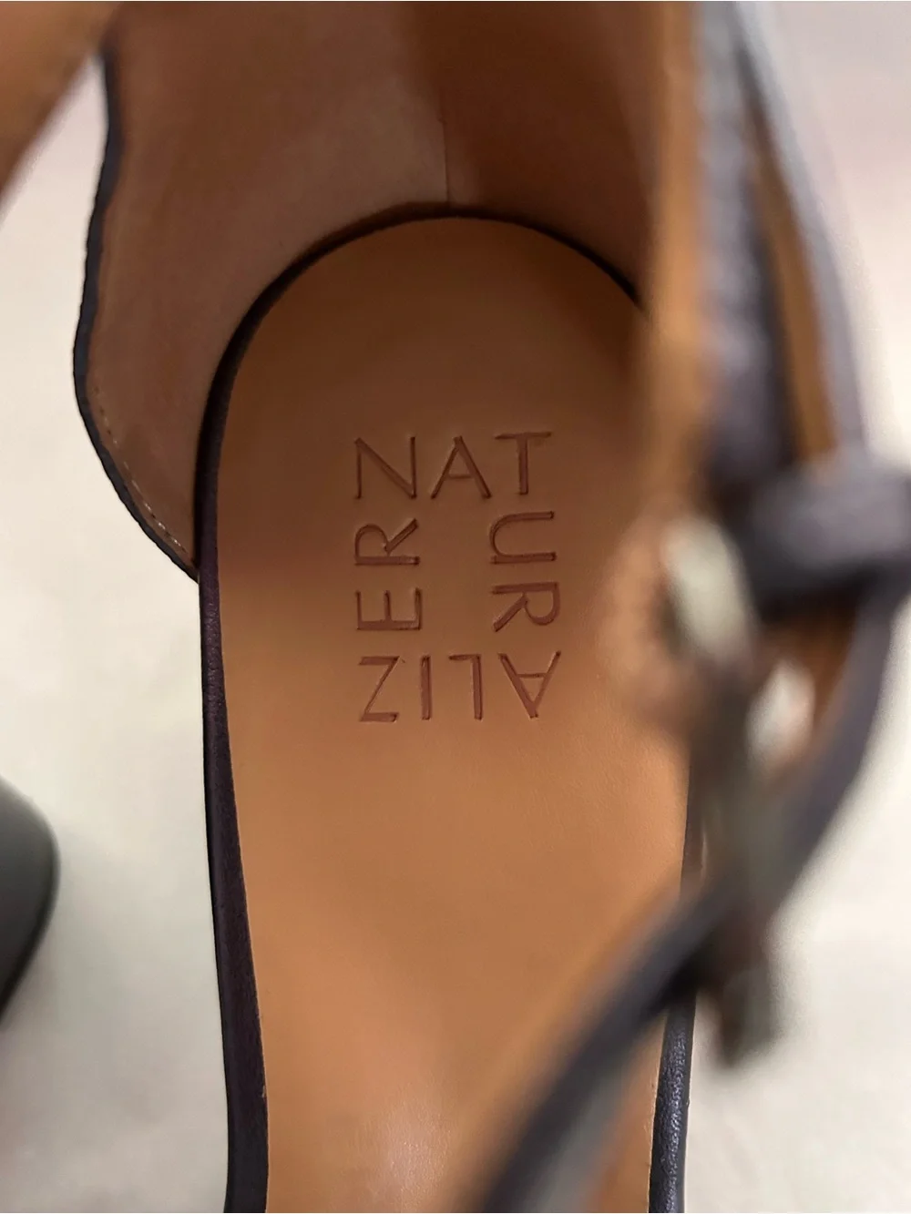 Naturalizer, 2 1/2” heel sandal, navy blue genuine leather, ankle strap, 9 1/2 .